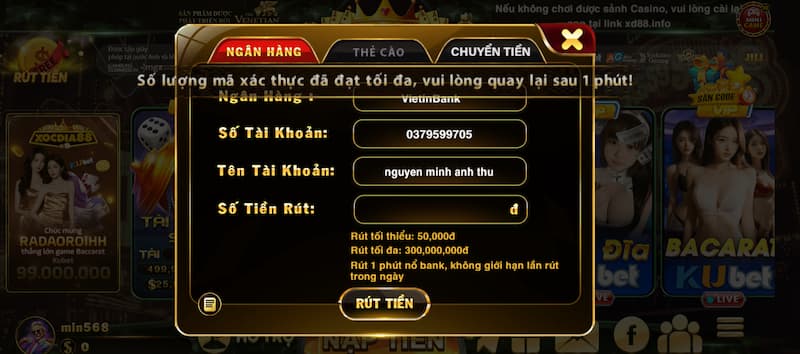  rút thưởng Xocdia88 qua ngân hàng 